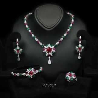 Kenzley Royal Floral Bridal Jewelry Set in 925 Sterling Silver with Premium Simulated Diamonds and Multicolor Gem Accents