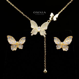 Kapri Gold Butterfly Motif Necklace and Earrings Set in 925 Sterling Silver with Premium Cubic Zirconia