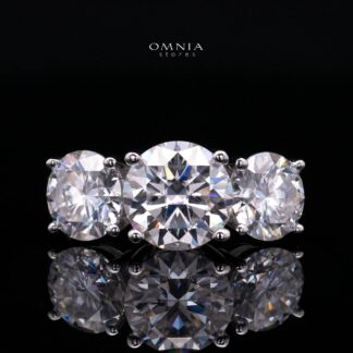 Savannah White Moissanite Three-Stone Ring – RD 8mm (2ct) Center with RD 6.5mm (1ct) Side Stones, Rhodium-Plated 925 Sterling Silver