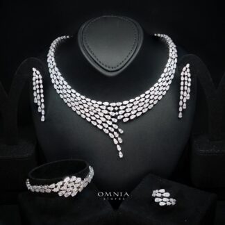 Faizan Luxury White Layered V-Cascade Drop Bridal Full Set with Premium Zircon Stones, Rhodium-Plated Finish