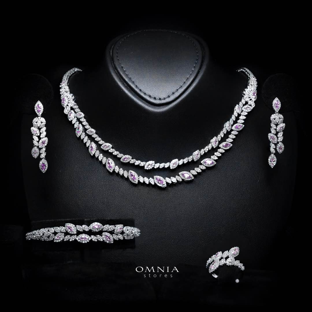 Omnia Nada Pink Bridal Full Set in High Quality Zircon Stone Rhodium Plated