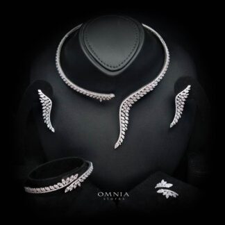 Amberly Luxury White Feather Leaf Design Bridal Full Set with High-Quality Premium Zircon Stones, Rhodium-Plated Finish