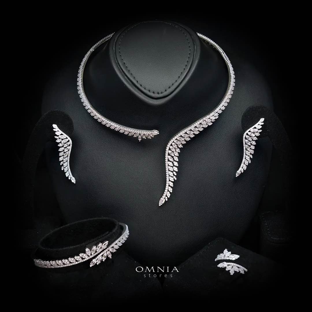 Amberly Luxury White Feather Leaf Design Bridal Full Set with High-Quality Premium Zircon Stones, Rhodium-Plated Finish