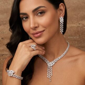 Brianna Luxury White Flower Tassel Drop Bridal Full Set with Premium Zircon Stones, Rhodium-Plated Finish