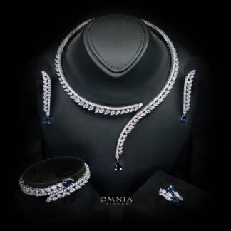 Catalina Elegant Blue Cascading Leaf Drop Bridal Full Set with High-Quality Premium Zircon Stones, Rhodium-Plated Finish