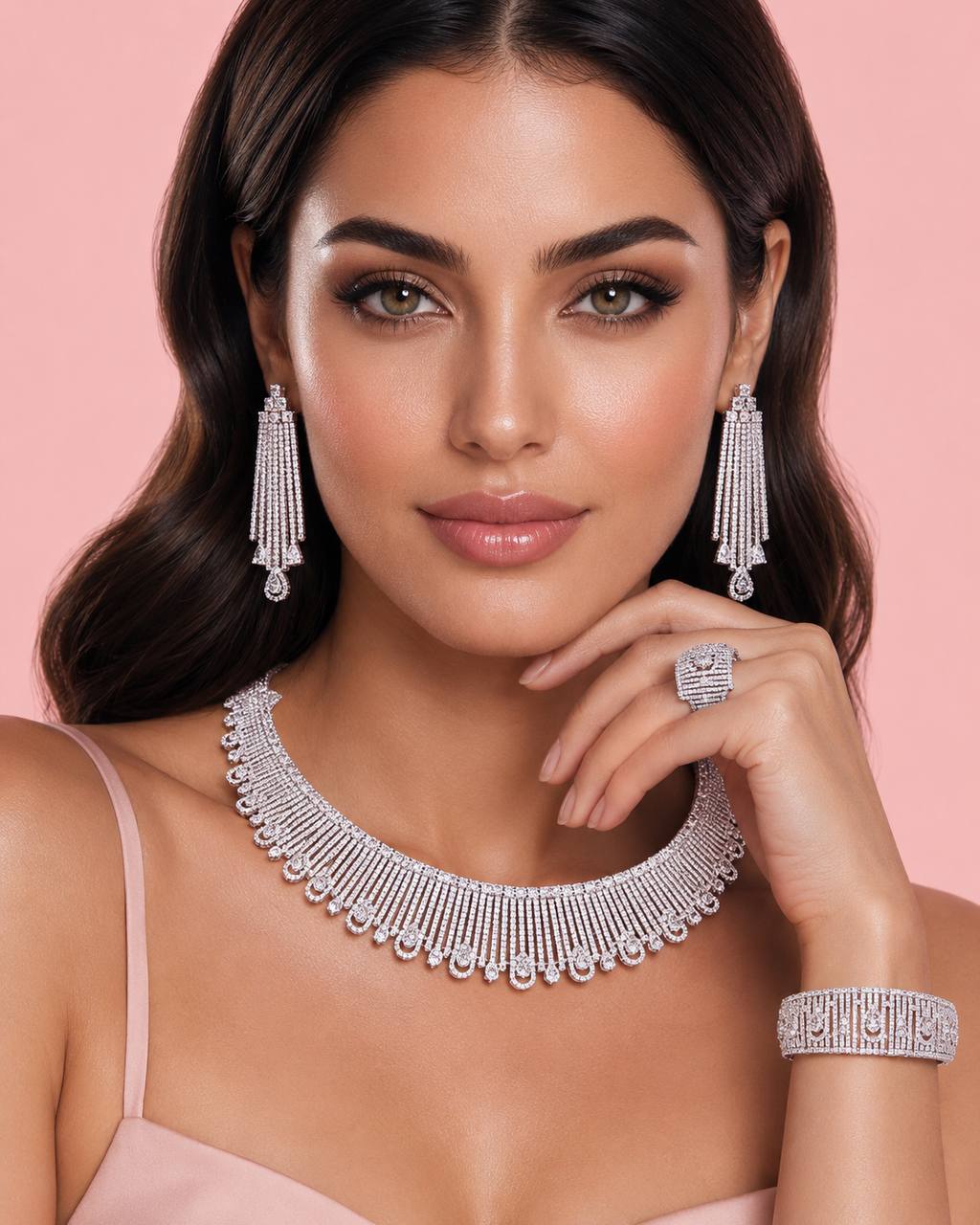 Katherine White Luxury Bridal Full Set in High Quality Rhodium Plated Zircon Stones - Image 3