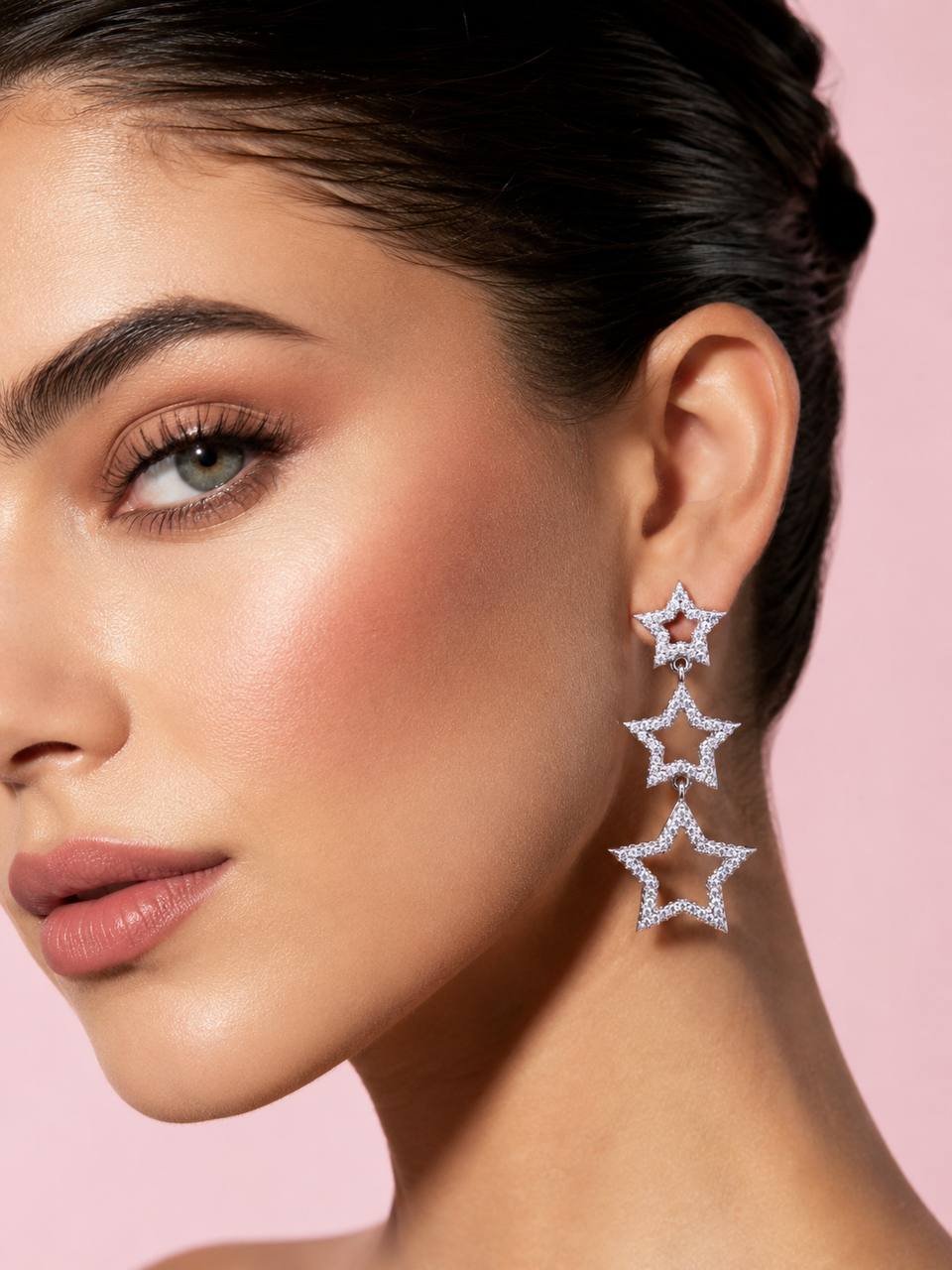 Kelahni Triple Star Drop Earrings — 925 Sterling Silver with Premium Simulated Diamonds - Image 3