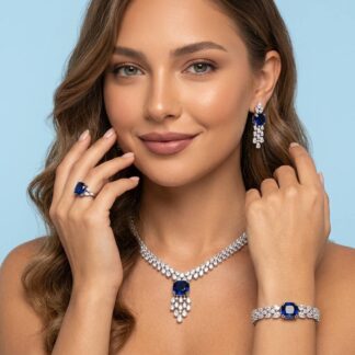 Nazaha Bridal Full Set in Rhodium Plated with High Quality White and Blue Zircon Stones