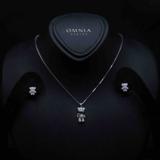 Nifla White Stacked Teddy Bear Design Silver Necklace and Earrings Set in 925 Silver with High-Quality Premium Zircon Stones