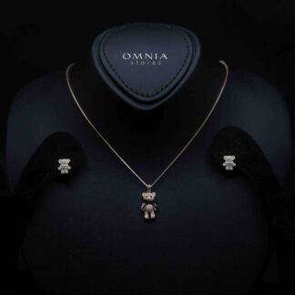 Nifla Gold Stacked Teddy Bear Design Silver Necklace and Earrings Set in 925 Silver with High-Quality Premium Zircon Stones