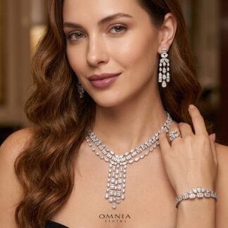 Zahida Elegant White Cascading Tassel Chandelier Bridal Full Set with Premium Zircon Stones, Rhodium-Plated Finish