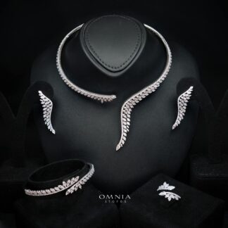 Amberly Luxury White Feather Leaf Design Bridal Full Set with High-Quality Premium Zircon Stones, Rhodium-Plated Finish