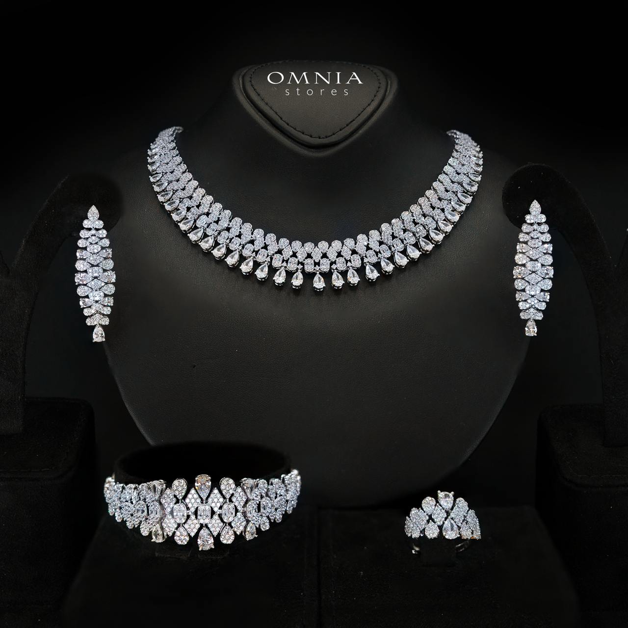 Jazlyn White Bridal Full Set in Rhodium-Plated Finish with Premium Zircon Stones