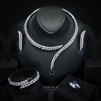 Shennawi Elegant Blue Cascading Leaf Drop Bridal Full Set with High-Quality Premium Zircon Stones, Rhodium-Plated Finish