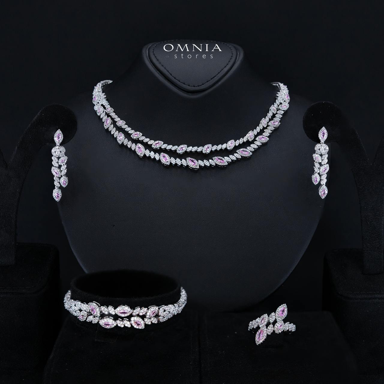 Omnia Nada Pink Bridal Full Set in High Quality Zircon Stone Rhodium Plated