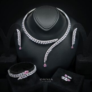 Shennawi Elegant Pink Cascading Leaf Drop Bridal Full Set with High-Quality Premium Zircon Stones, Rhodium-Plated Finish