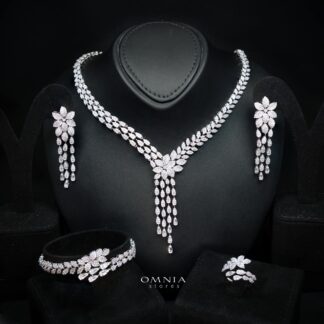 Fahimi Luxe White Flower Tassel Drop Bridal Full Set with Premium Zircon Stones, Rhodium-Plated Finish