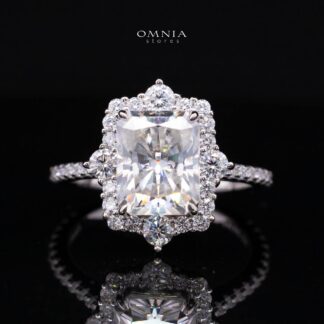 Nuwaira White Moissanite Radiant Halo Ring with Pavé Band – GRA Certified, 8x10mm (4ct), Rhodium-Plated 925 Sterling Silver