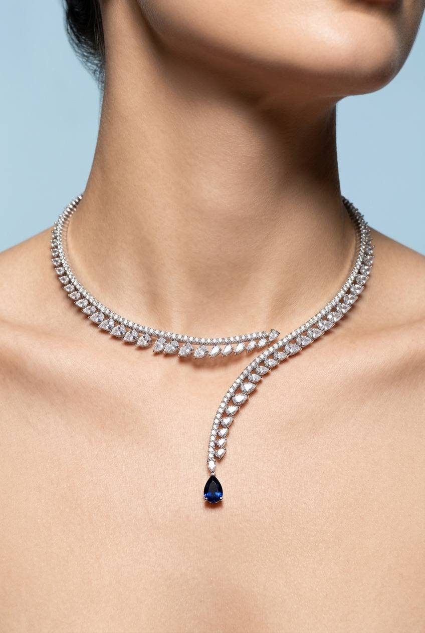Catalina Elegant Blue Cascading Leaf Drop Bridal Full Set with High-Quality Premium Zircon Stones, Rhodium-Plated Finish - Image 3