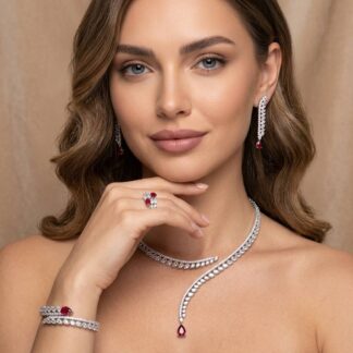 Catalina Elegant Red Cascading Leaf Drop Bridal Full Set with High-Quality Premium Zircon Stones, Rhodium-Plated Finish