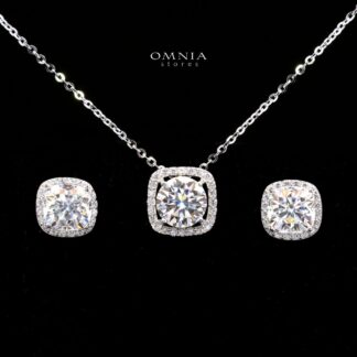 Itzayana White Moissanite Cushion Halo Pendant Necklace and Stud Earrings Set in 925 Sterling Silver