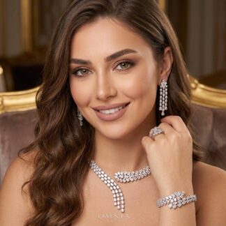 Daniyah Elegant White Floral Vine Tassel Bridal Full Set with Premium Zircon Stones, Rhodium-Plated Finish