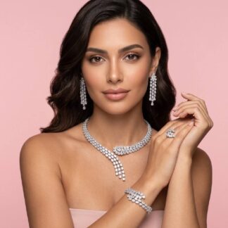 Daniyah Elegant White Floral Vine Tassel Bridal Full Set with Premium Zircon Stones, Rhodium-Plated Finish