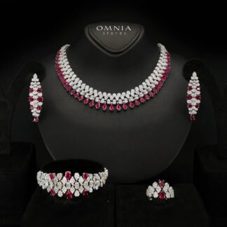 Jazlyn Red Bridal Full Set in Rhodium-Plated Finish with Premium Zircon Stones