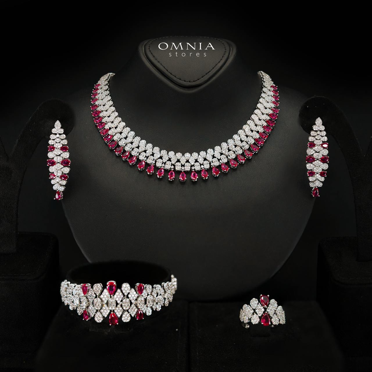 Jazlyn Red Bridal Full Set in Rhodium-Plated Finish with Premium Zircon Stones