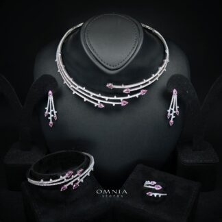 Yuliana Luxury Pink Bridal Full Set with High-Quality Premium Zircon Stones, Rhodium-Plated