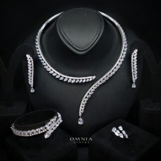 Shennawi Elegant White Cascading Leaf Drop Bridal Full Set with High-Quality Premium Zircon Stones, Rhodium-Plated Finish