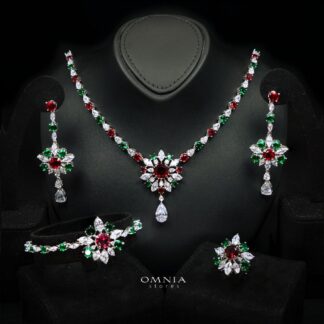 Kenzley Royal Floral Bridal Full Set with Simulated Diamonds, Rhodium-Plated with Multicolor Gem Accents