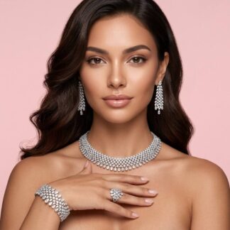 Jazlyn White Bridal Full Set in Rhodium-Plated Finish with Premium Zircon Stones