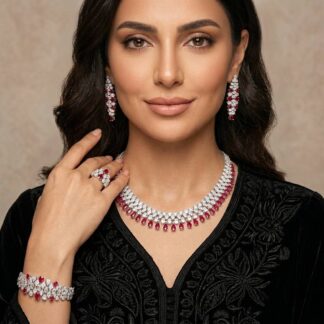 Jazlyn Red Bridal Full Set in Rhodium-Plated Finish with Premium Zircon Stones
