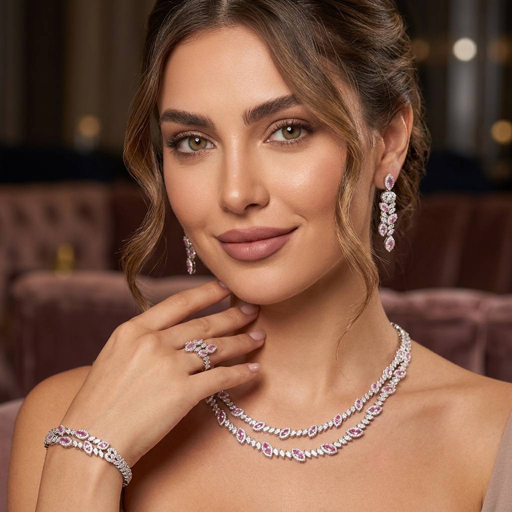 Omnia Nada Pink Bridal Full Set in High Quality Zircon Stone Rhodium Plated - Image 3