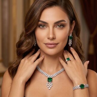 Nazaha Bridal Full Set in Rhodium Plated with High Quality White and Green Zircon Stones