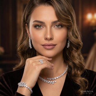 Nazmi Elegant White Floral Drop Bridal Full Set with High-Quality Premium Zircon Stones, Rhodium-Plated Finish
