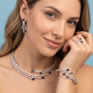 Yuliana Luxury Blue Bridal Full Set with High-Quality Premium Zircon Stones, Rhodium-Plated