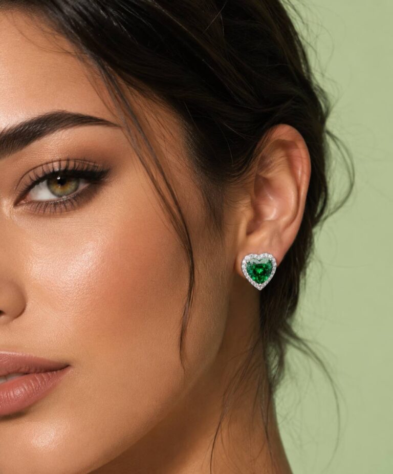 Samiha Green Heart Earrings In 925 Silver High Quality Simulated Diamonds