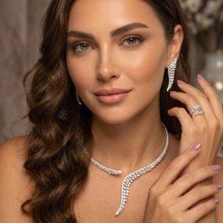 Saleh Luxury White Feather Leaf Design Bridal Full Set with High-Quality Premium Zircon Stones, Rhodium-Plated Finish