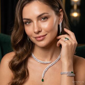 Shennawi Elegant Green Cascading Leaf Drop Bridal Full Set with High-Quality Premium Zircon Stones, Rhodium-Plated Finish