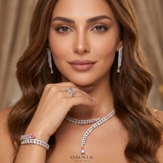 Shennawi Elegant Pink Cascading Leaf Drop Bridal Full Set with High-Quality Premium Zircon Stones, Rhodium-Plated Finish