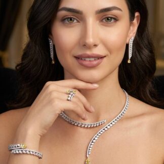 Shennawi Elegant Yellow Cascading Leaf Drop Bridal Full Set with High-Quality Premium Zircon Stones, Rhodium-Plated Finish