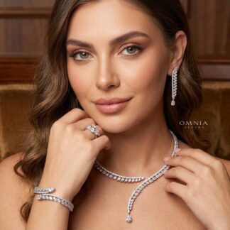 Shennawi Elegant White Cascading Leaf Drop Bridal Full Set with High-Quality Premium Zircon Stones, Rhodium-Plated Finish