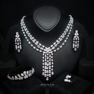 Zahida Elegant White Cascading Tassel Chandelier Bridal Full Set with Premium Zircon Stones, Rhodium-Plated Finish