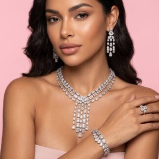 Zahida Elegant White Cascading Tassel Chandelier Bridal Full Set with Premium Zircon Stones, Rhodium-Plated Finish