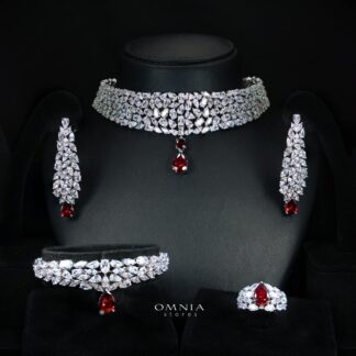 Omnia Nuray Red Luxury Bridal Full Set Accessories in High Quality Zircon Stone in Rhodium Plated