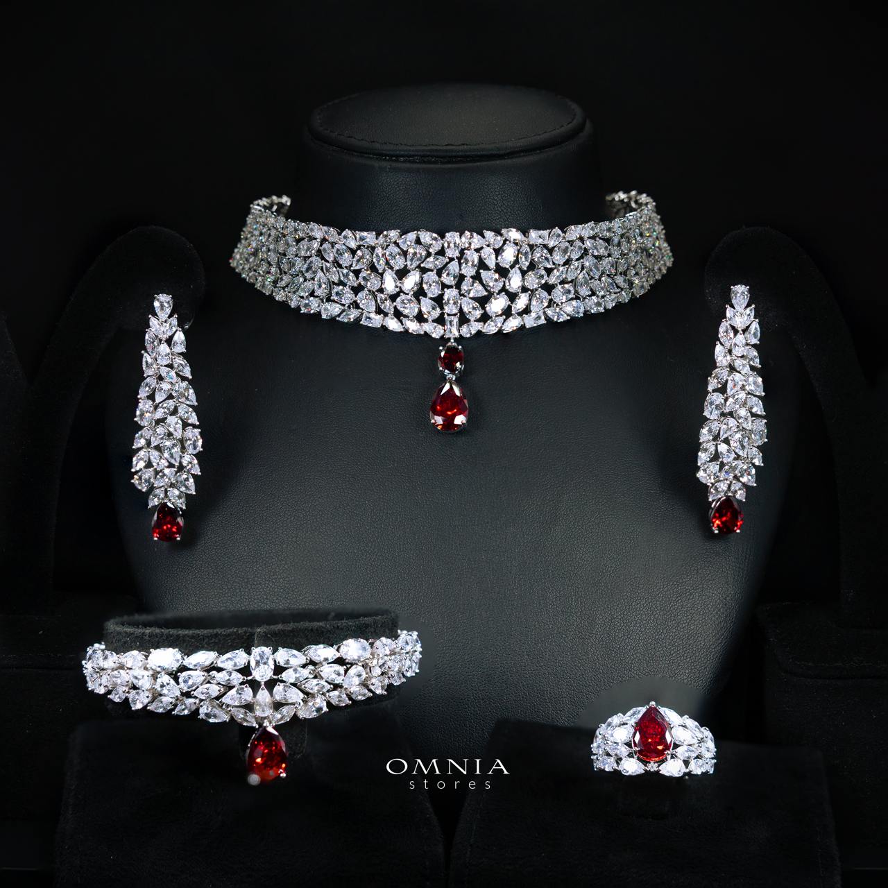 Omnia Nuray Red Luxury Bridal Full Set Accessories in High Quality Zircon Stone in Rhodium Plated