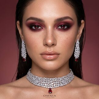 Omnia Nuray Red Luxury Bridal Full Set Accessories in High Quality Zircon Stone in Rhodium Plated