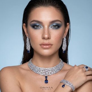 Omnia Nuray Blue Luxury Bridal Full Set Accessories in High Quality Zircon Stone in Rhodium Plated